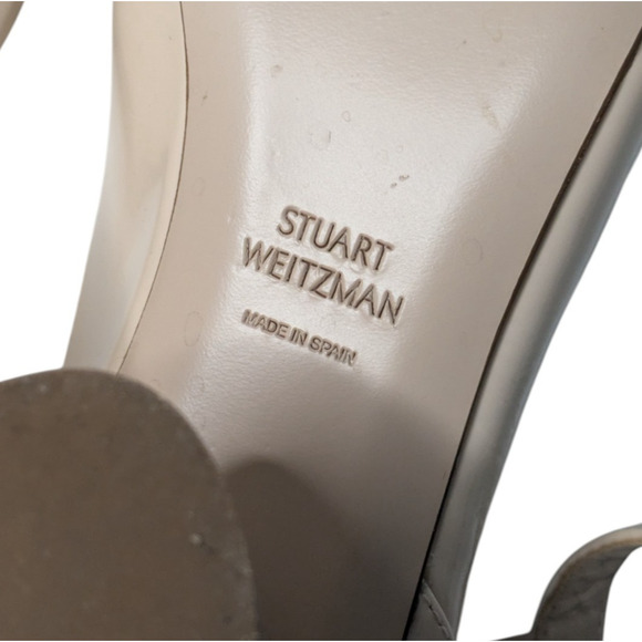 Stuart Weitzman Shape Cashew Gloss Patent Leather Halo Strap Heels Size 7 Block - Picture 8 of 15